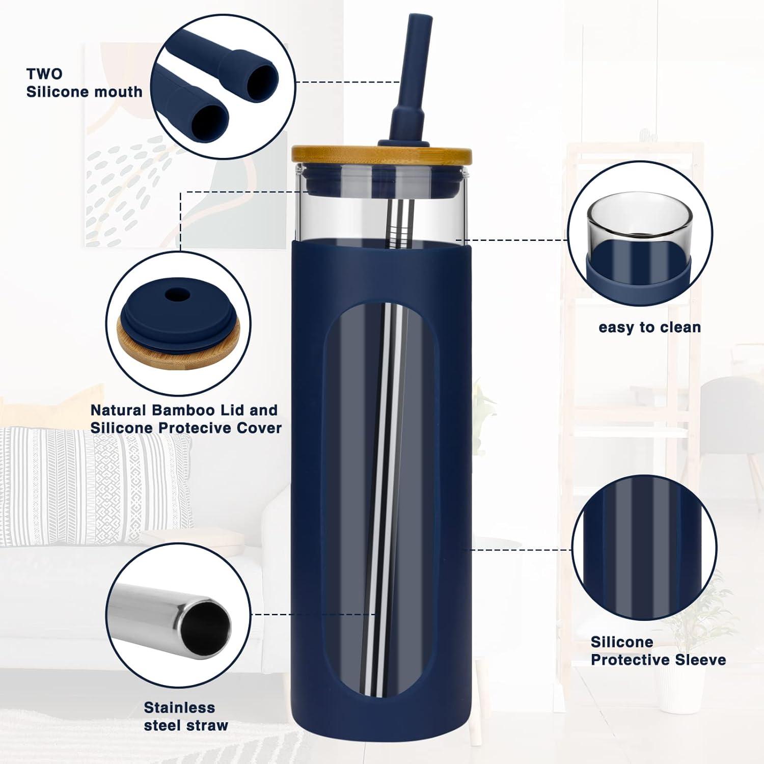 imageTronco 22oz Glass Tumbler with Bamboo Lid and Straw Reusable Iced Coffee Cup for Boba Tea Smoothies ampamp Cold Drinks SpillProof Glass Cup with Silicone Sleeve Dishwasher Safe BPAFree Pack of 1Denim Blue