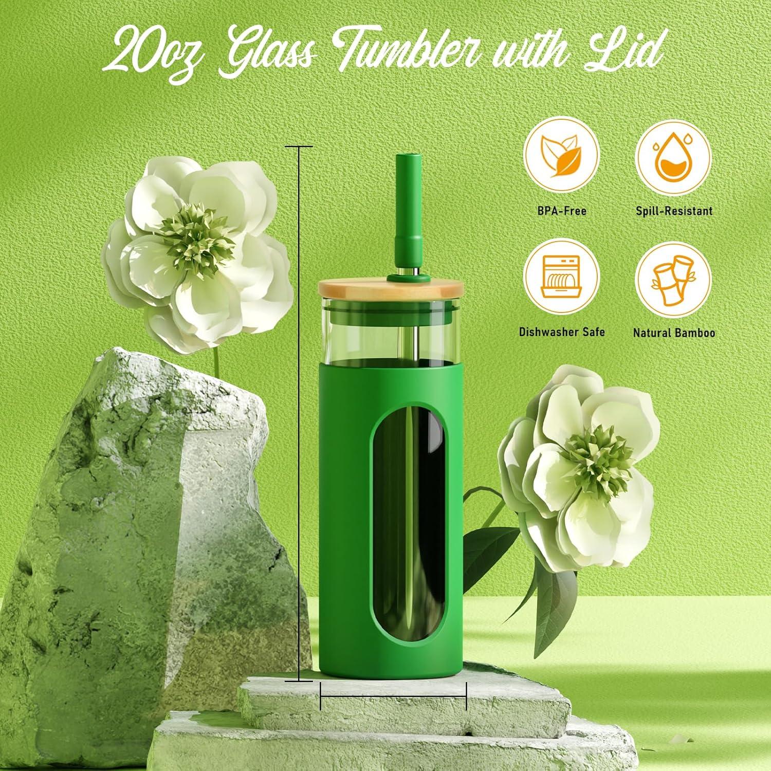 imageTronco 22oz Glass Tumbler with Bamboo Lid and Straw Reusable Iced Coffee Cup for Boba Tea Smoothies ampamp Cold Drinks SpillProof Glass Cup with Silicone Sleeve Dishwasher Safe BPAFree Pack of 1BlackishGreen