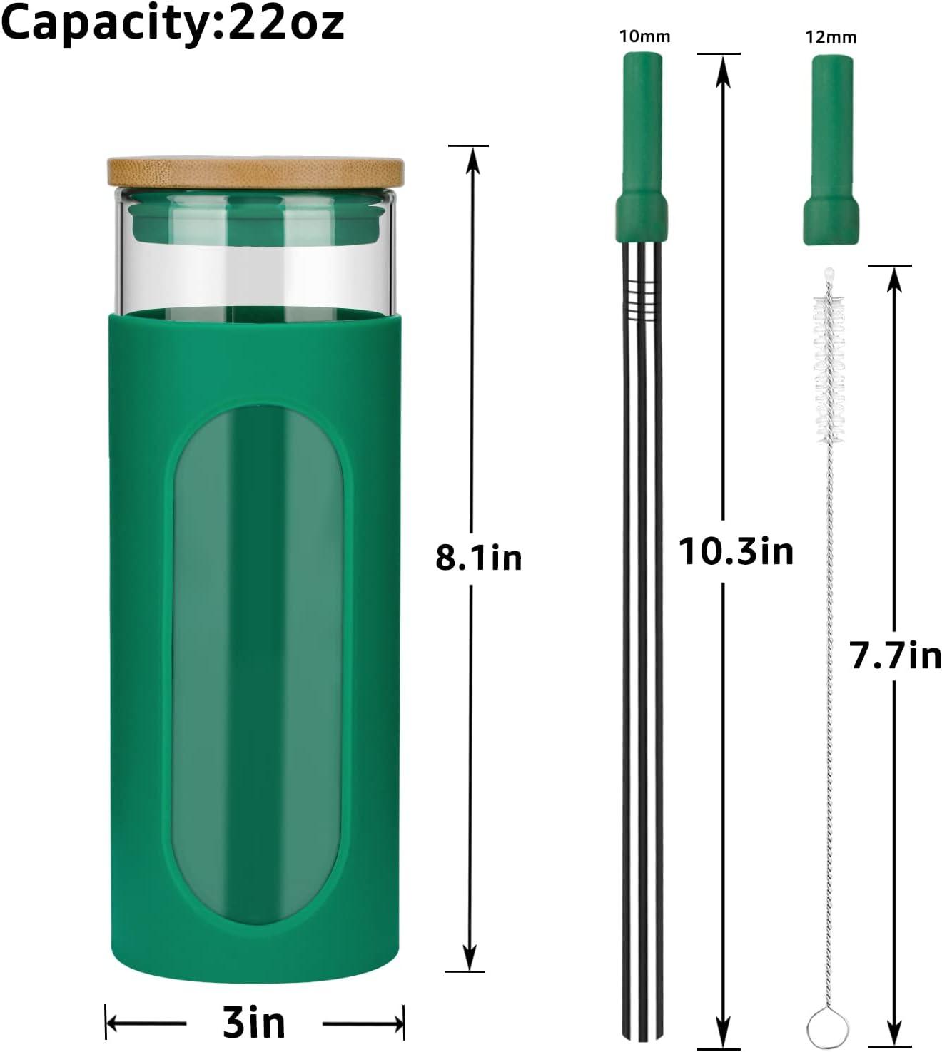 imageTronco 22oz Glass Tumbler with Bamboo Lid and Straw Reusable Iced Coffee Cup for Boba Tea Smoothies ampamp Cold Drinks SpillProof Glass Cup with Silicone Sleeve Dishwasher Safe BPAFree Pack of 1BlackishGreen