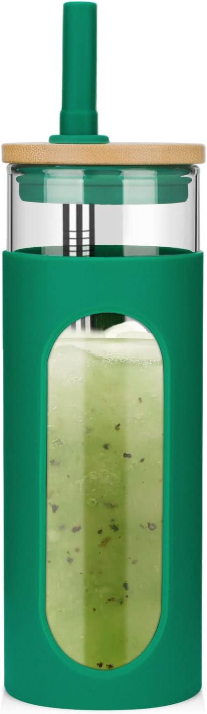 imageTronco 22oz Glass Tumbler with Bamboo Lid and Straw Reusable Iced Coffee Cup for Boba Tea Smoothies ampamp Cold Drinks SpillProof Glass Cup with Silicone Sleeve Dishwasher Safe BPAFree Pack of 1BlackishGreen
