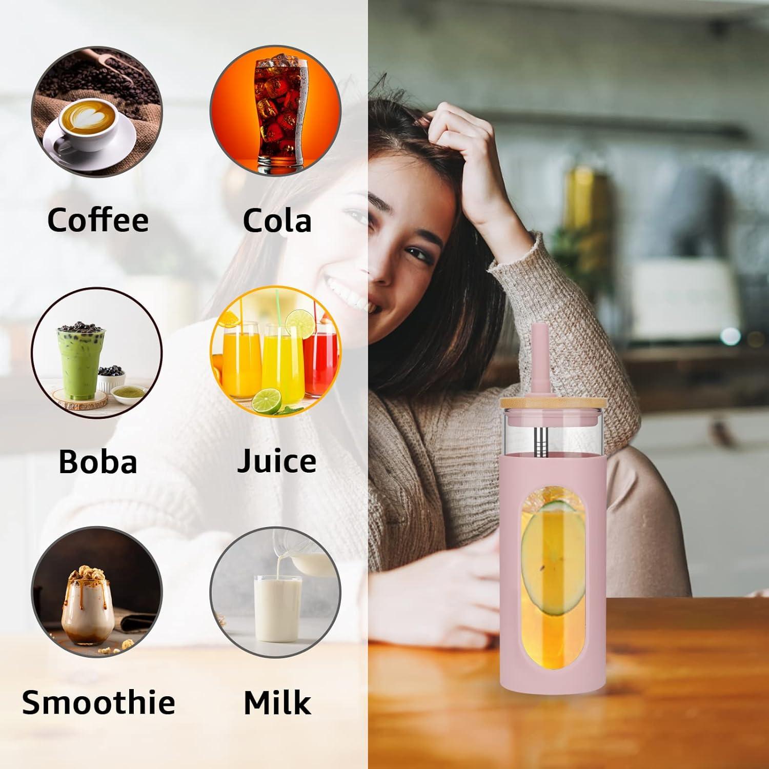 imageTronco 22oz Glass Tumbler with Bamboo Lid and Straw Reusable Iced Coffee Cup for Boba Tea Smoothies ampamp Cold Drinks SpillProof Glass Cup with Silicone Sleeve Dishwasher Safe BPAFree Pack of 1Amber