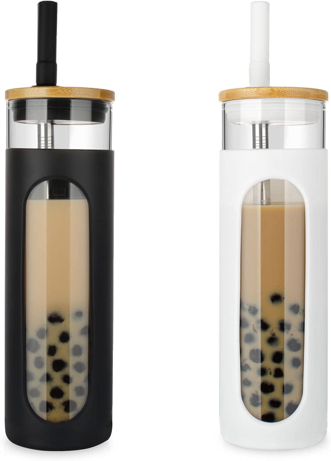 imageTronco 22oz Glass Tumbler with Bamboo Lid and Straw Reusable Iced Coffee Cup for Boba Tea Smoothies ampamp Cold Drinks SpillProof Glass Cup with Silicone Sleeve Dishwasher Safe BPAFree Pack of 1BlackWhite