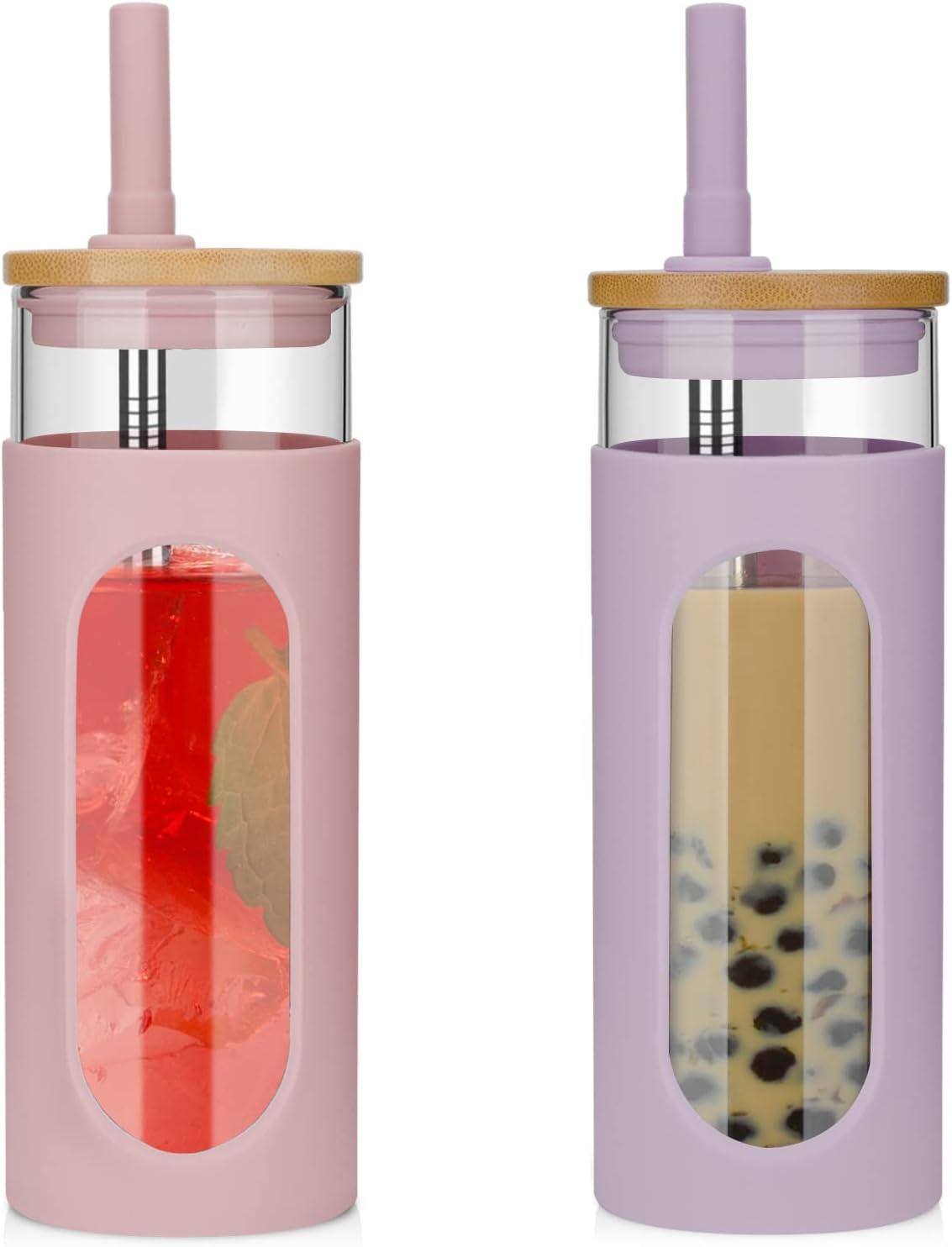 imageTronco 22oz Glass Tumbler with Bamboo Lid and Straw Reusable Iced Coffee Cup for Boba Tea Smoothies ampamp Cold Drinks SpillProof Glass Cup with Silicone Sleeve Dishwasher Safe BPAFree Pack of 1PinkPurple