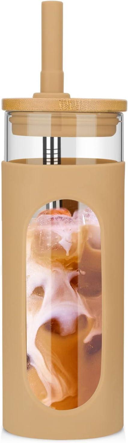 imageTronco 22oz Glass Tumbler with Bamboo Lid and Straw Reusable Iced Coffee Cup for Boba Tea Smoothies ampamp Cold Drinks SpillProof Glass Cup with Silicone Sleeve Dishwasher Safe BPAFree Pack of 1Amber