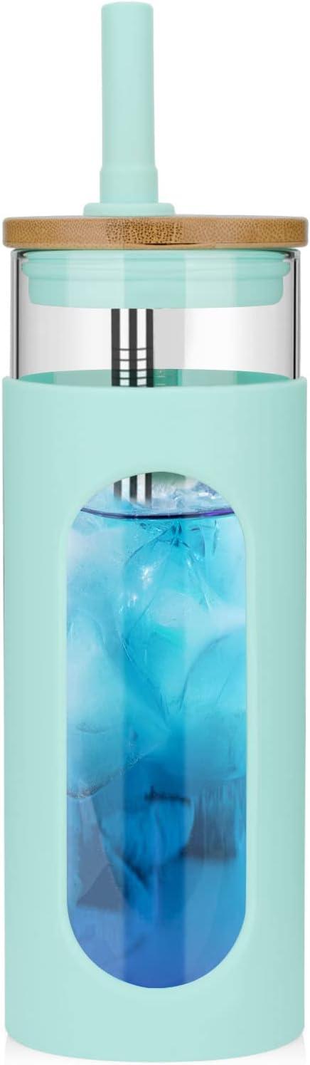 imageTronco 22oz Glass Tumbler with Bamboo Lid and Straw Reusable Iced Coffee Cup for Boba Tea Smoothies ampamp Cold Drinks SpillProof Glass Cup with Silicone Sleeve Dishwasher Safe BPAFree Pack of 1PureBlue