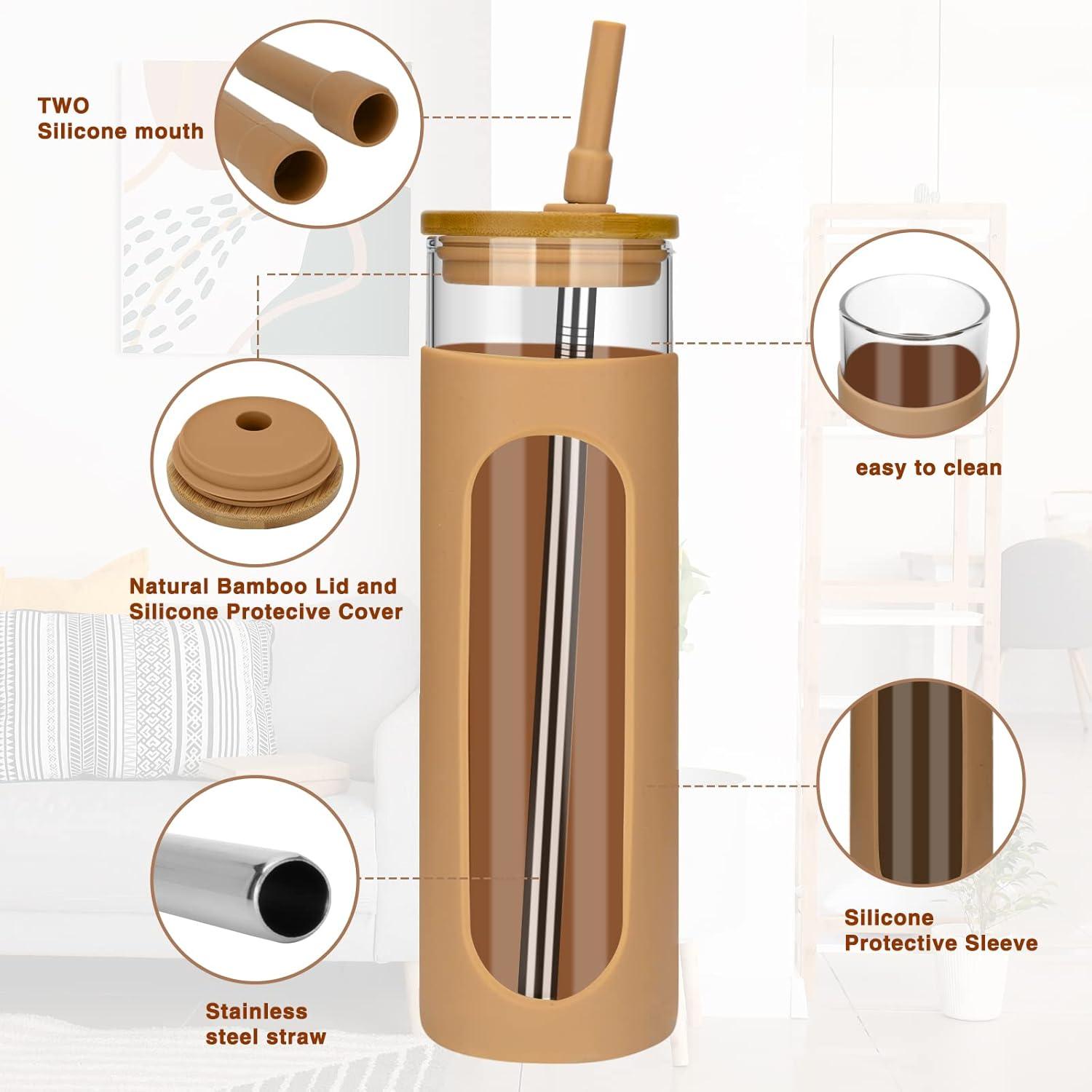 imageTronco 22oz Glass Tumbler with Bamboo Lid and Straw Reusable Iced Coffee Cup for Boba Tea Smoothies ampamp Cold Drinks SpillProof Glass Cup with Silicone Sleeve Dishwasher Safe BPAFree Pack of 1Amber
