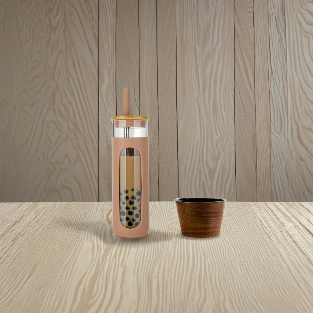 imageTronco 22oz Glass Tumbler with Bamboo Lid and Straw Reusable Iced Coffee Cup for Boba Tea Smoothies ampamp Cold Drinks SpillProof Glass Cup with Silicone Sleeve Dishwasher Safe BPAFree Pack of 1Coffee