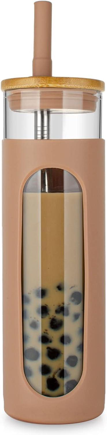 imageTronco 22oz Glass Tumbler with Bamboo Lid and Straw Reusable Iced Coffee Cup for Boba Tea Smoothies ampamp Cold Drinks SpillProof Glass Cup with Silicone Sleeve Dishwasher Safe BPAFree Pack of 1Coffee