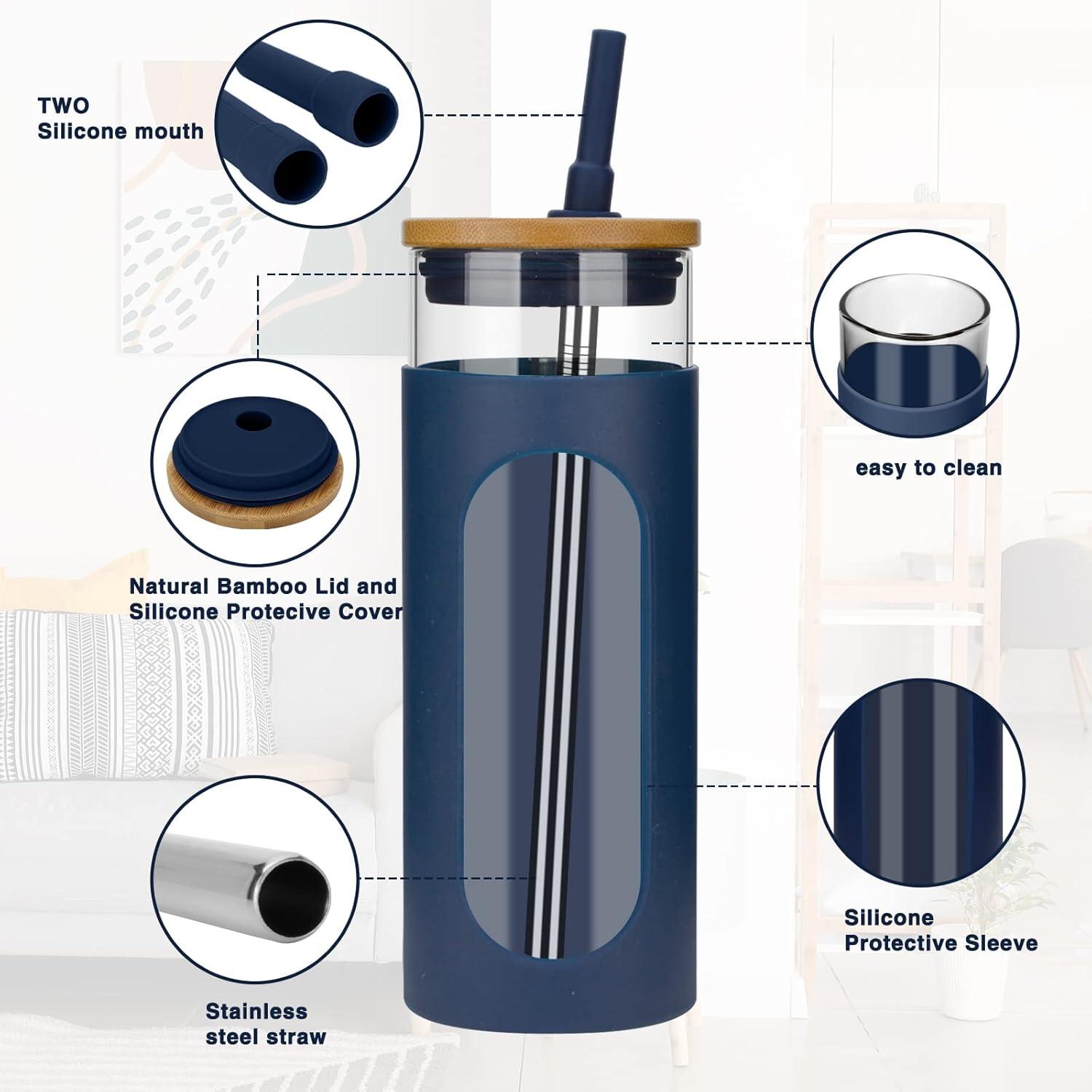 imageTronco 22oz Glass Tumbler with Bamboo Lid and Straw Reusable Iced Coffee Cup for Boba Tea Smoothies ampamp Cold Drinks SpillProof Glass Cup with Silicone Sleeve Dishwasher Safe BPAFree Pack of 1Denim Blue