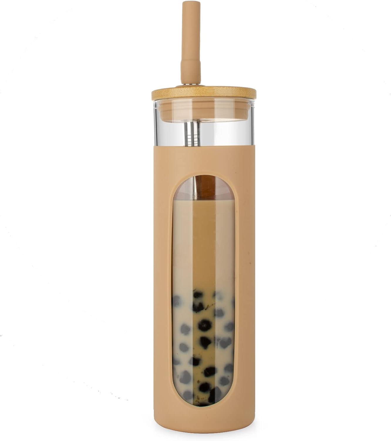 imageTronco 22oz Glass Tumbler with Bamboo Lid and Straw Reusable Iced Coffee Cup for Boba Tea Smoothies ampamp Cold Drinks SpillProof Glass Cup with Silicone Sleeve Dishwasher Safe BPAFree Pack of 1Amber
