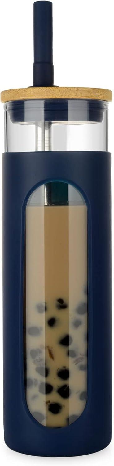 imageTronco 22oz Glass Tumbler with Bamboo Lid and Straw Reusable Iced Coffee Cup for Boba Tea Smoothies ampamp Cold Drinks SpillProof Glass Cup with Silicone Sleeve Dishwasher Safe BPAFree Pack of 1Denim Blue