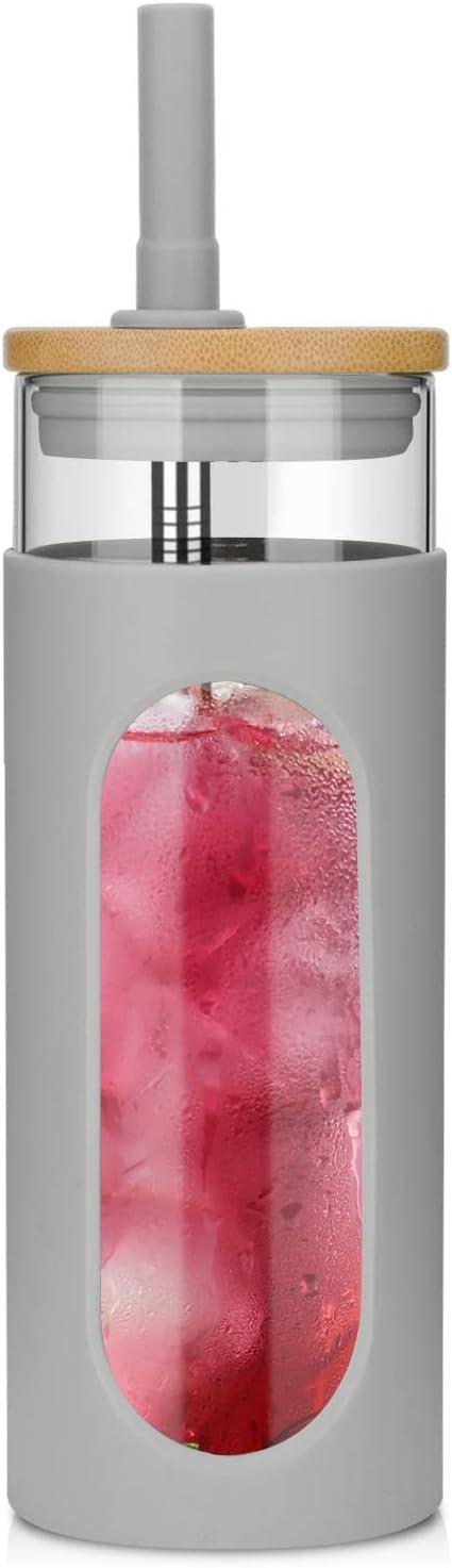 imageTronco 22oz Glass Tumbler with Bamboo Lid and Straw Reusable Iced Coffee Cup for Boba Tea Smoothies ampamp Cold Drinks SpillProof Glass Cup with Silicone Sleeve Dishwasher Safe BPAFree Pack of 1Gray