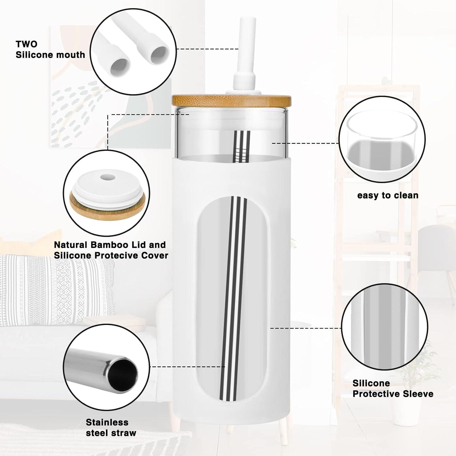 imageTronco 22oz Glass Tumbler with Bamboo Lid and Straw Reusable Iced Coffee Cup for Boba Tea Smoothies ampamp Cold Drinks SpillProof Glass Cup with Silicone Sleeve Dishwasher Safe BPAFree Pack of 1BlackWhite