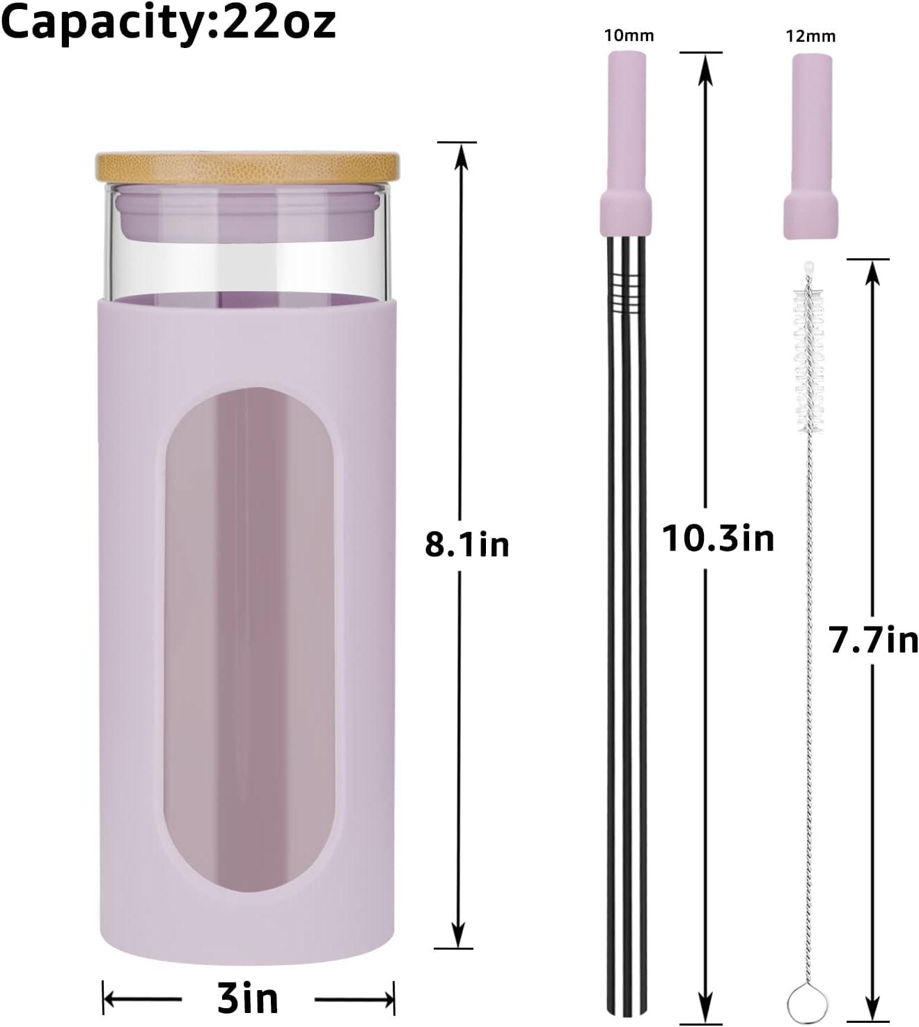 imageTronco 22oz Glass Tumbler with Bamboo Lid and Straw Reusable Iced Coffee Cup for Boba Tea Smoothies ampamp Cold Drinks SpillProof Glass Cup with Silicone Sleeve Dishwasher Safe BPAFree Pack of 1PinkPurple