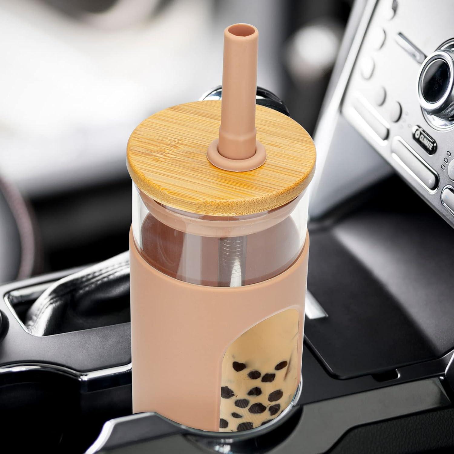 imageTronco 22oz Glass Tumbler with Bamboo Lid and Straw Reusable Iced Coffee Cup for Boba Tea Smoothies ampamp Cold Drinks SpillProof Glass Cup with Silicone Sleeve Dishwasher Safe BPAFree Pack of 1Coffee