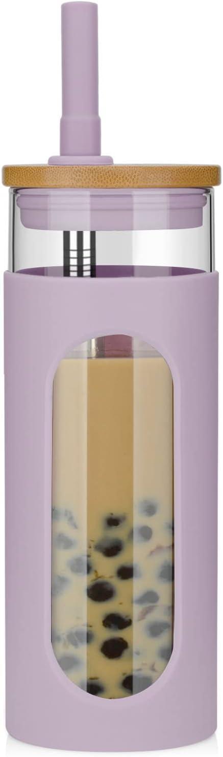 imageTronco 22oz Glass Tumbler with Bamboo Lid and Straw Reusable Iced Coffee Cup for Boba Tea Smoothies ampamp Cold Drinks SpillProof Glass Cup with Silicone Sleeve Dishwasher Safe BPAFree Pack of 1Purple
