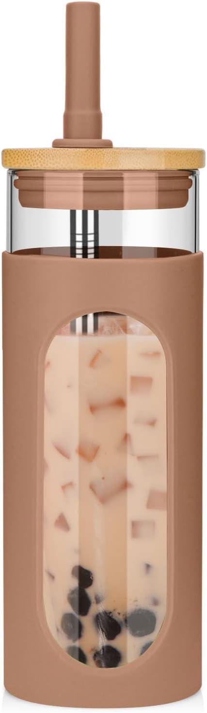imageTronco 22oz Glass Tumbler with Bamboo Lid and Straw Reusable Iced Coffee Cup for Boba Tea Smoothies ampamp Cold Drinks SpillProof Glass Cup with Silicone Sleeve Dishwasher Safe BPAFree Pack of 1Coffee