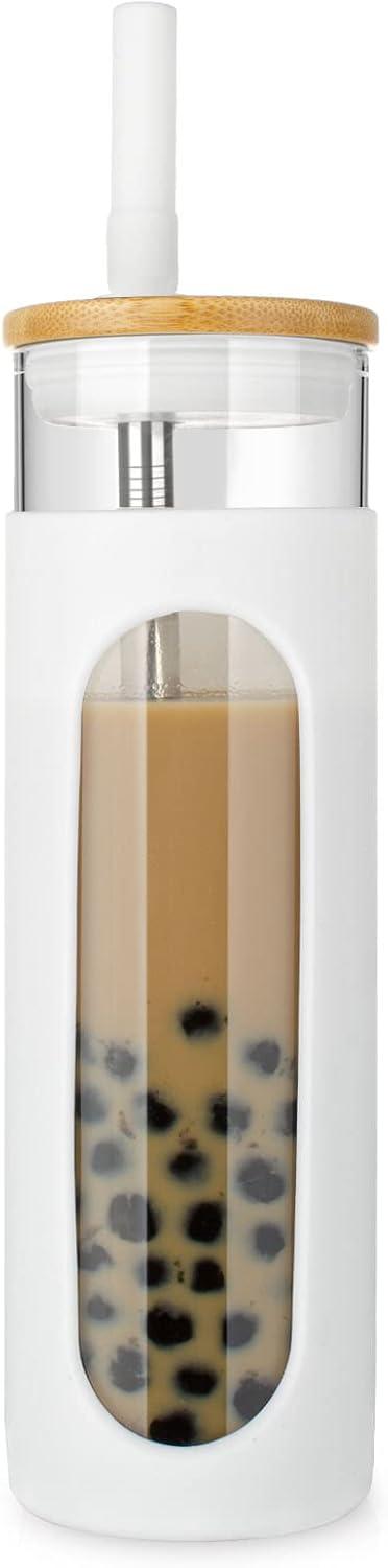 imageTronco 22oz Glass Tumbler with Bamboo Lid and Straw Reusable Iced Coffee Cup for Boba Tea Smoothies ampamp Cold Drinks SpillProof Glass Cup with Silicone Sleeve Dishwasher Safe BPAFree Pack of 1White