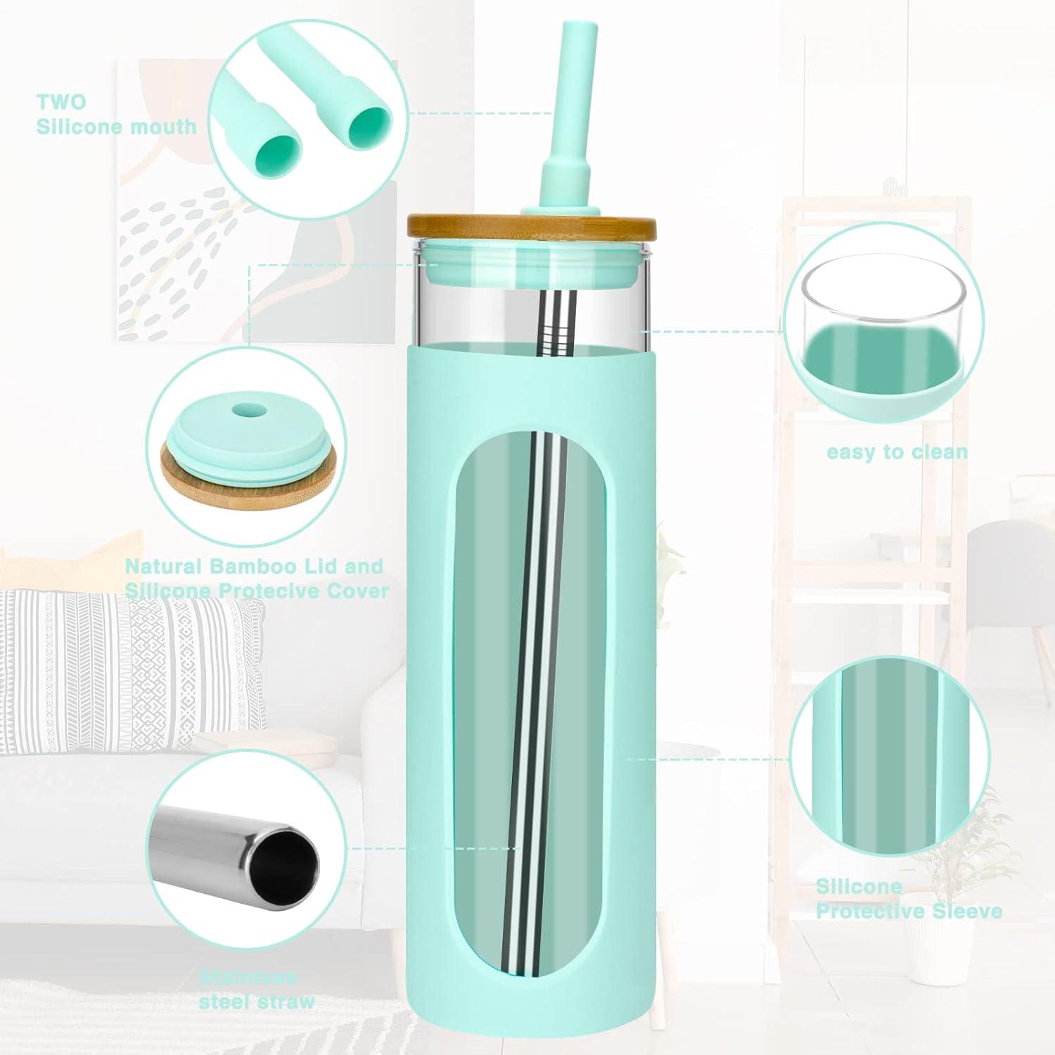 imageTronco 22oz Glass Tumbler with Bamboo Lid and Straw Reusable Iced Coffee Cup for Boba Tea Smoothies ampamp Cold Drinks SpillProof Glass Cup with Silicone Sleeve Dishwasher Safe BPAFree Pack of 1PureBlue