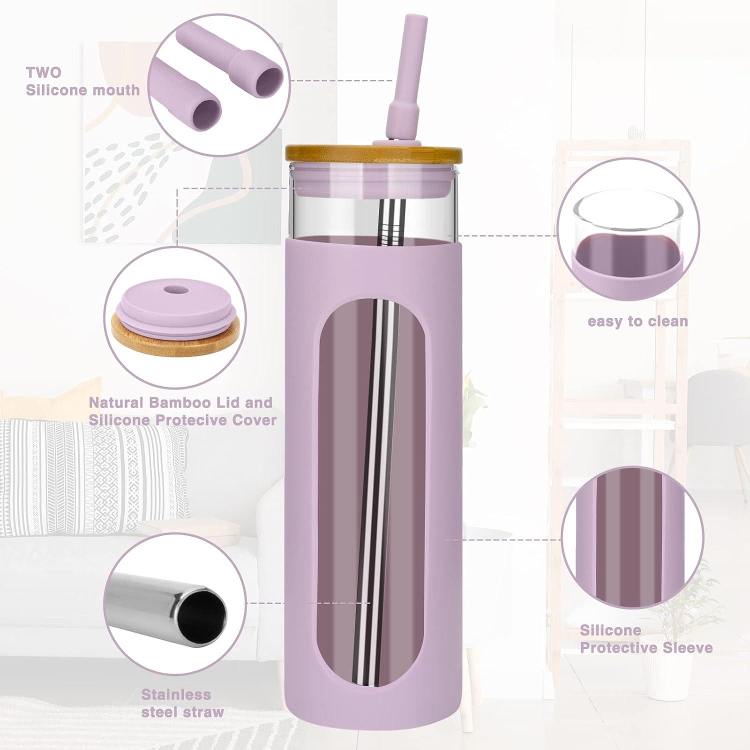 imageTronco 22oz Glass Tumbler with Bamboo Lid and Straw Reusable Iced Coffee Cup for Boba Tea Smoothies ampamp Cold Drinks SpillProof Glass Cup with Silicone Sleeve Dishwasher Safe BPAFree Pack of 1PinkPurple