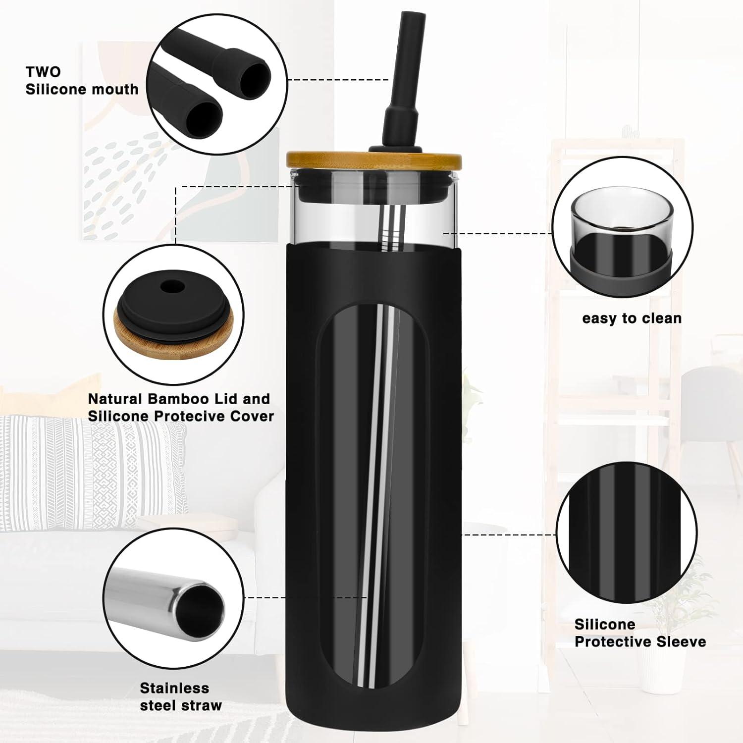 imageTronco 22oz Glass Tumbler with Bamboo Lid and Straw Reusable Iced Coffee Cup for Boba Tea Smoothies ampamp Cold Drinks SpillProof Glass Cup with Silicone Sleeve Dishwasher Safe BPAFree Pack of 1BlackWhite