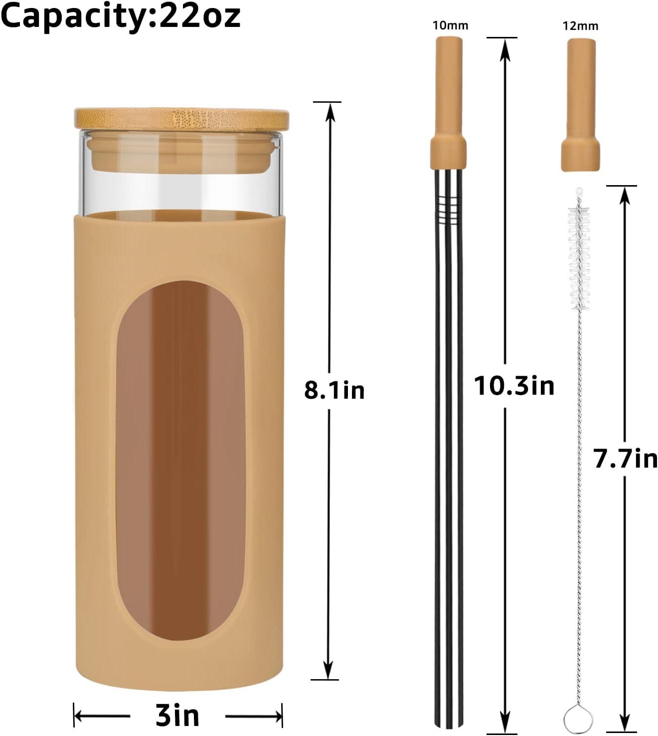 imageTronco 22oz Glass Tumbler with Bamboo Lid and Straw Reusable Iced Coffee Cup for Boba Tea Smoothies ampamp Cold Drinks SpillProof Glass Cup with Silicone Sleeve Dishwasher Safe BPAFree Pack of 1Amber