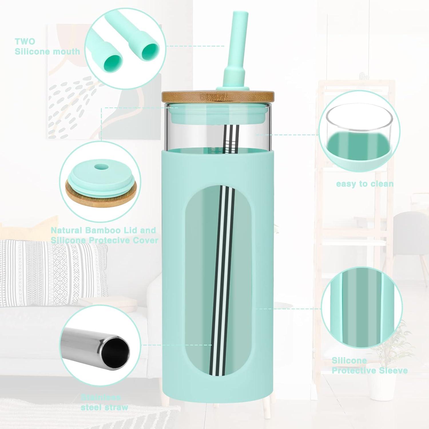imageTronco 22oz Glass Tumbler with Bamboo Lid and Straw Reusable Iced Coffee Cup for Boba Tea Smoothies ampamp Cold Drinks SpillProof Glass Cup with Silicone Sleeve Dishwasher Safe BPAFree Pack of 1PureBlue