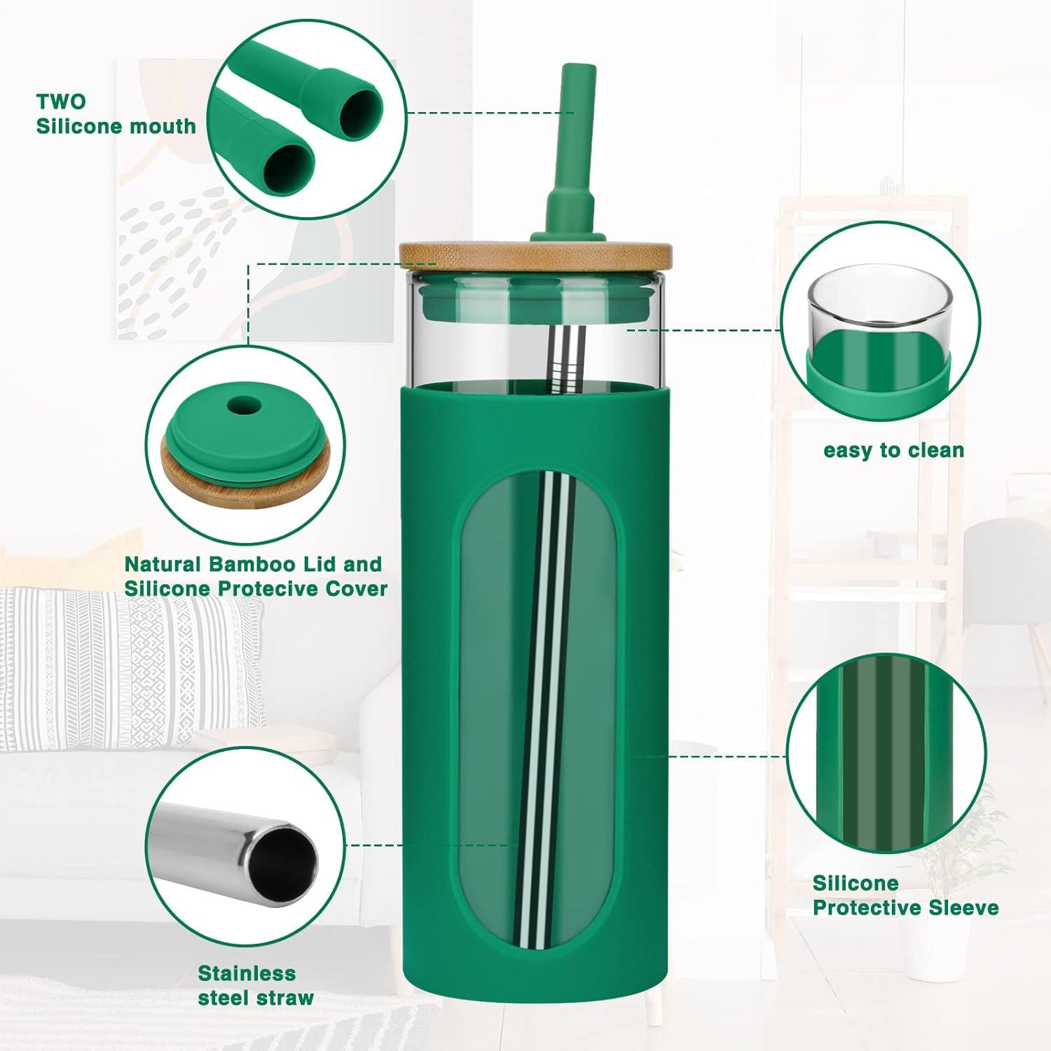 imageTronco 22oz Glass Tumbler with Bamboo Lid and Straw Reusable Iced Coffee Cup for Boba Tea Smoothies ampamp Cold Drinks SpillProof Glass Cup with Silicone Sleeve Dishwasher Safe BPAFree Pack of 1BlackishGreen