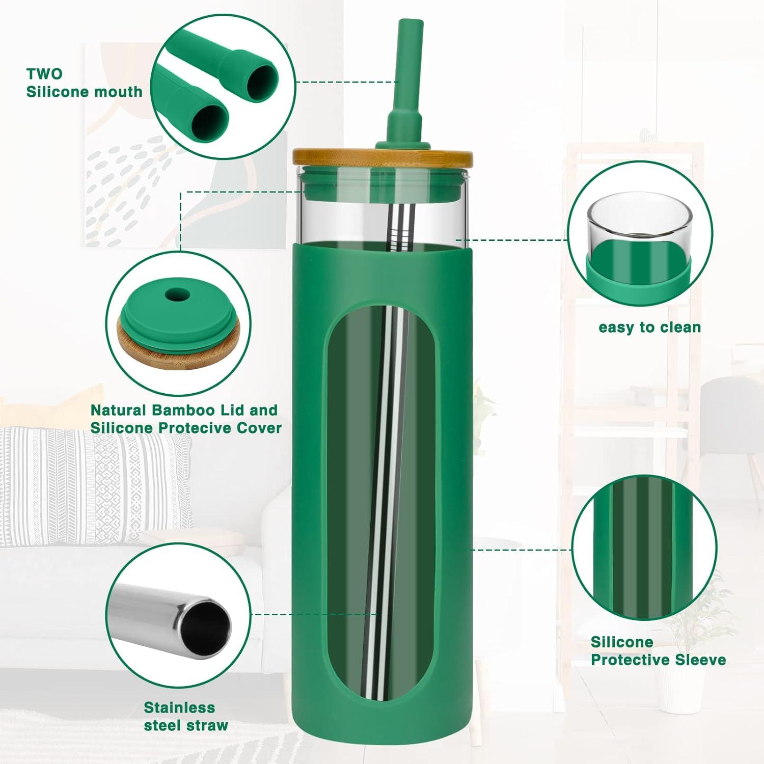 imageTronco 22oz Glass Tumbler with Bamboo Lid and Straw Reusable Iced Coffee Cup for Boba Tea Smoothies ampamp Cold Drinks SpillProof Glass Cup with Silicone Sleeve Dishwasher Safe BPAFree Pack of 1BlackishGreen