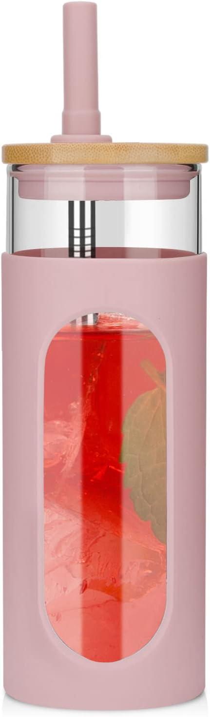 imageTronco 22oz Glass Tumbler with Bamboo Lid and Straw Reusable Iced Coffee Cup for Boba Tea Smoothies ampamp Cold Drinks SpillProof Glass Cup with Silicone Sleeve Dishwasher Safe BPAFree Pack of 1Pink