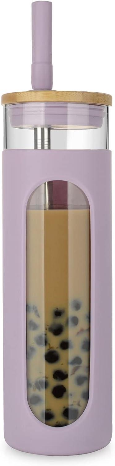 imageTronco 22oz Glass Tumbler with Bamboo Lid and Straw Reusable Iced Coffee Cup for Boba Tea Smoothies ampamp Cold Drinks SpillProof Glass Cup with Silicone Sleeve Dishwasher Safe BPAFree Pack of 1Purple