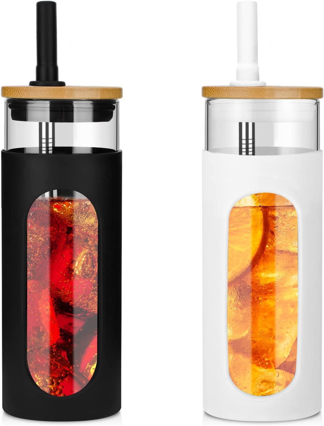 imageTronco 22oz Glass Tumbler with Bamboo Lid and Straw Reusable Iced Coffee Cup for Boba Tea Smoothies ampamp Cold Drinks SpillProof Glass Cup with Silicone Sleeve Dishwasher Safe BPAFree Pack of 1BlackWhite