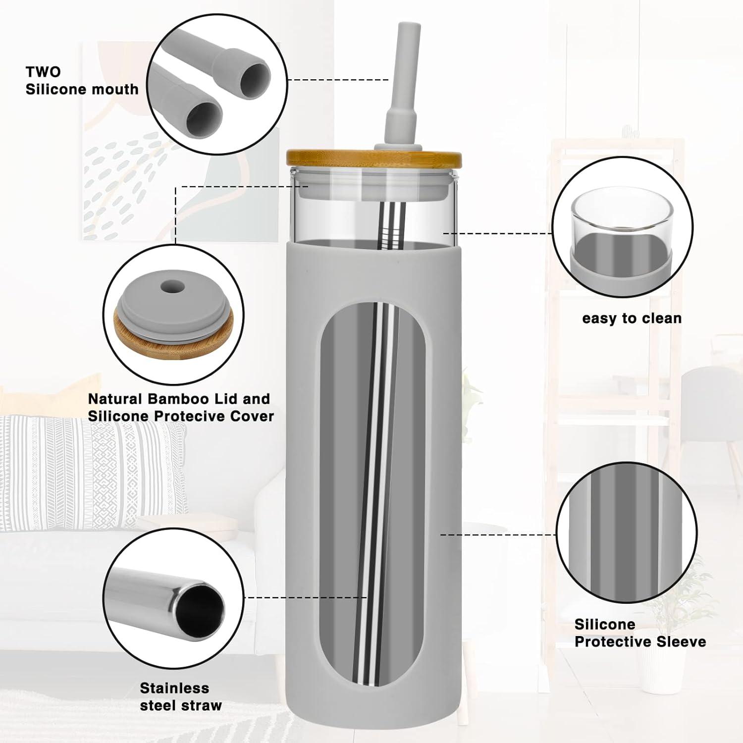 imageTronco 22oz Glass Tumbler with Bamboo Lid and Straw Reusable Iced Coffee Cup for Boba Tea Smoothies ampamp Cold Drinks SpillProof Glass Cup with Silicone Sleeve Dishwasher Safe BPAFree Pack of 1Gray