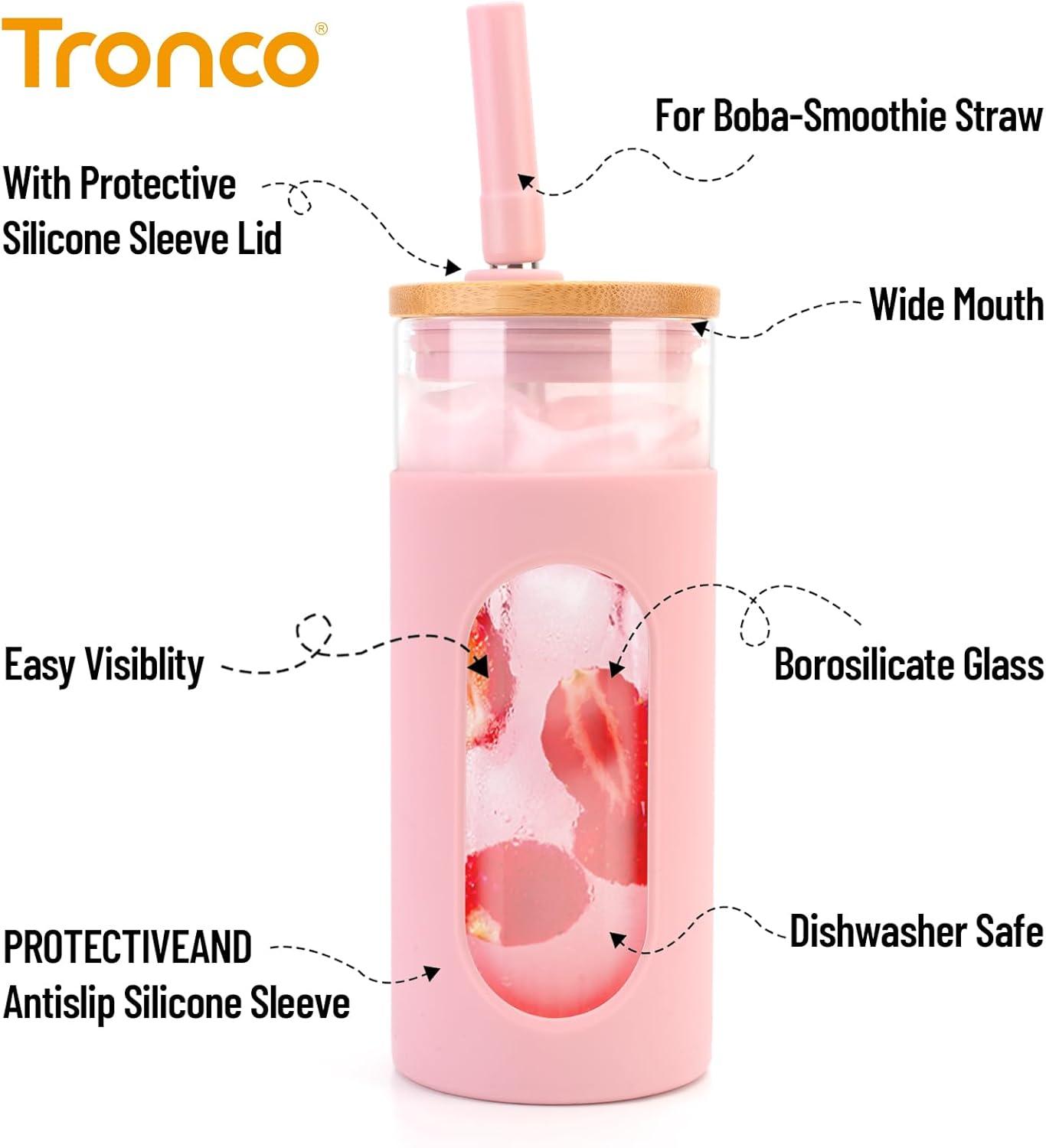 imageTronco 22oz Glass Tumbler with Bamboo Lid and Straw Reusable Iced Coffee Cup for Boba Tea Smoothies ampamp Cold Drinks SpillProof Glass Cup with Silicone Sleeve Dishwasher Safe BPAFree Pack of 1BlackWhite