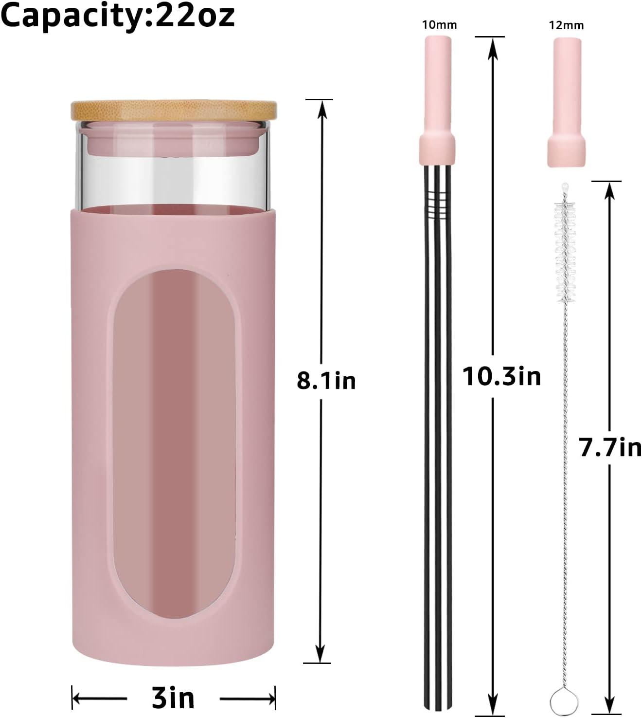 imageTronco 22oz Glass Tumbler with Bamboo Lid and Straw Reusable Iced Coffee Cup for Boba Tea Smoothies ampamp Cold Drinks SpillProof Glass Cup with Silicone Sleeve Dishwasher Safe BPAFree Pack of 1Pink