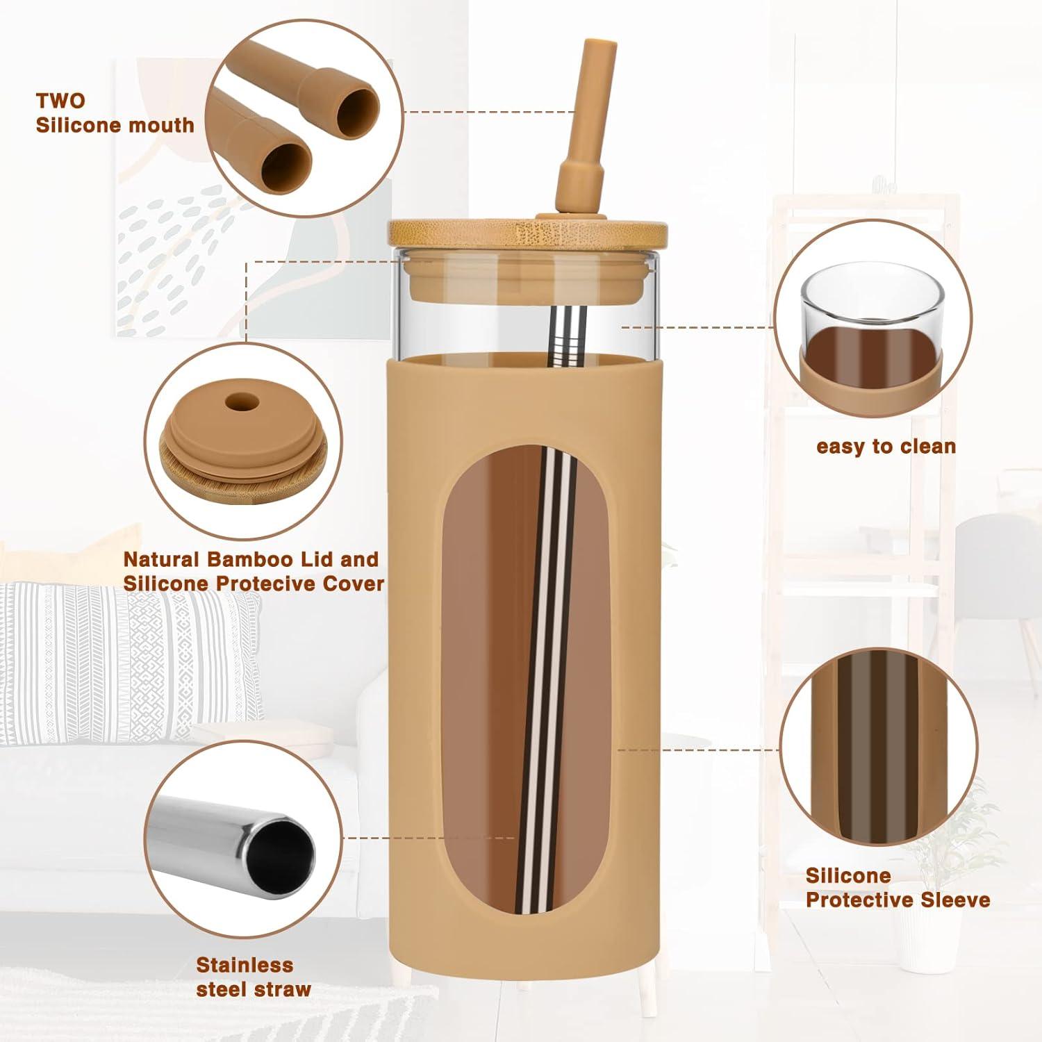 imageTronco 22oz Glass Tumbler with Bamboo Lid and Straw Reusable Iced Coffee Cup for Boba Tea Smoothies ampamp Cold Drinks SpillProof Glass Cup with Silicone Sleeve Dishwasher Safe BPAFree Pack of 1Amber