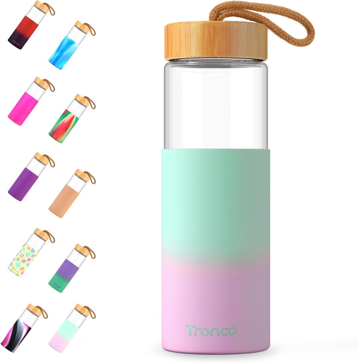 imageTronco 24oz Glass Water Bottles with Bamboo Lid ampamp Silicone Sleeve Leak Proof BPA Free Reusable Borosilicate Glass Bottles for Juicing Smoothies Juice ampamp Water for Men ampamp Women Gym Office TravelGreenpink