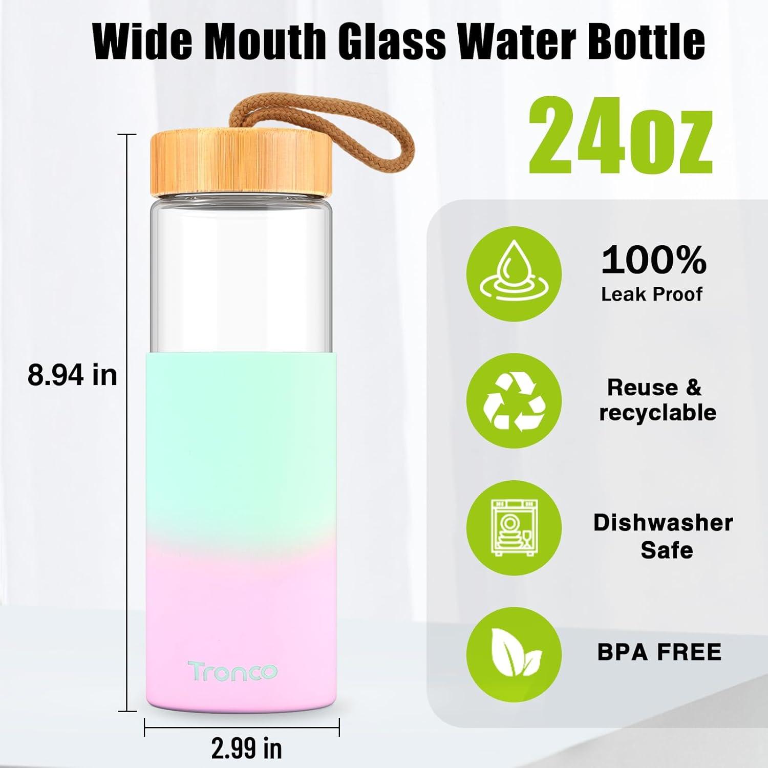 imageTronco 24oz Glass Water Bottles with Bamboo Lid ampamp Silicone Sleeve Leak Proof BPA Free Reusable Borosilicate Glass Bottles for Juicing Smoothies Juice ampamp Water for Men ampamp Women Gym Office TravelGreenpink