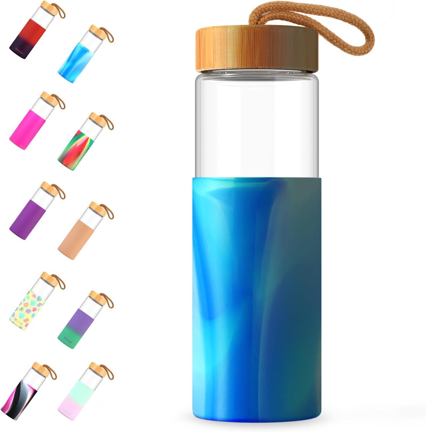 imageTronco 24oz Glass Water Bottles with Bamboo Lid ampamp Silicone Sleeve Leak Proof BPA Free Reusable Borosilicate Glass Bottles for Juicing Smoothies Juice ampamp Water for Men ampamp Women Gym Office Travelaquamarine