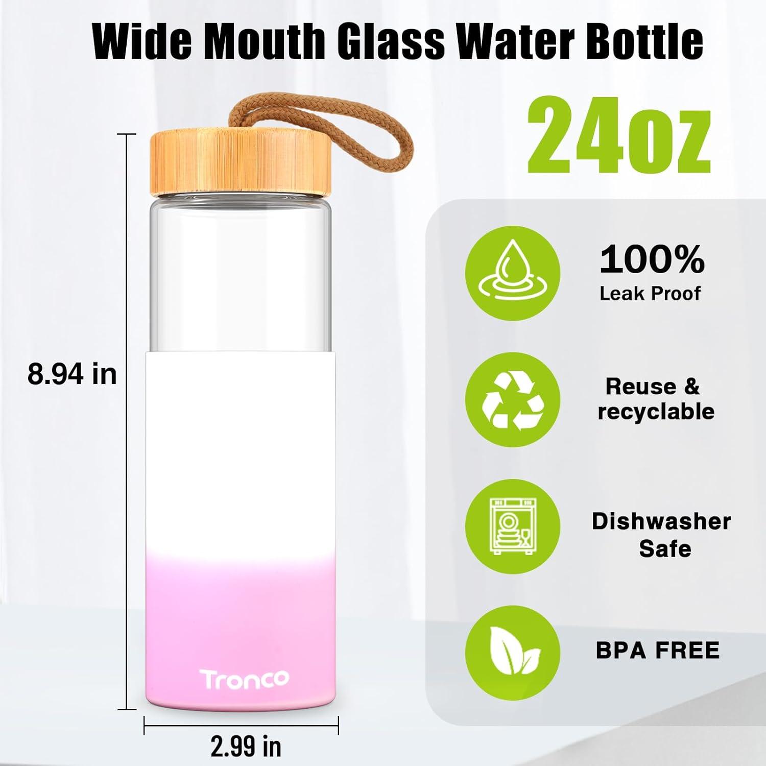 imageTronco 24oz Glass Water Bottles with Bamboo Lid ampamp Silicone Sleeve Leak Proof BPA Free Reusable Borosilicate Glass Bottles for Juicing Smoothies Juice ampamp Water for Men ampamp Women Gym Office TravelWhite pink