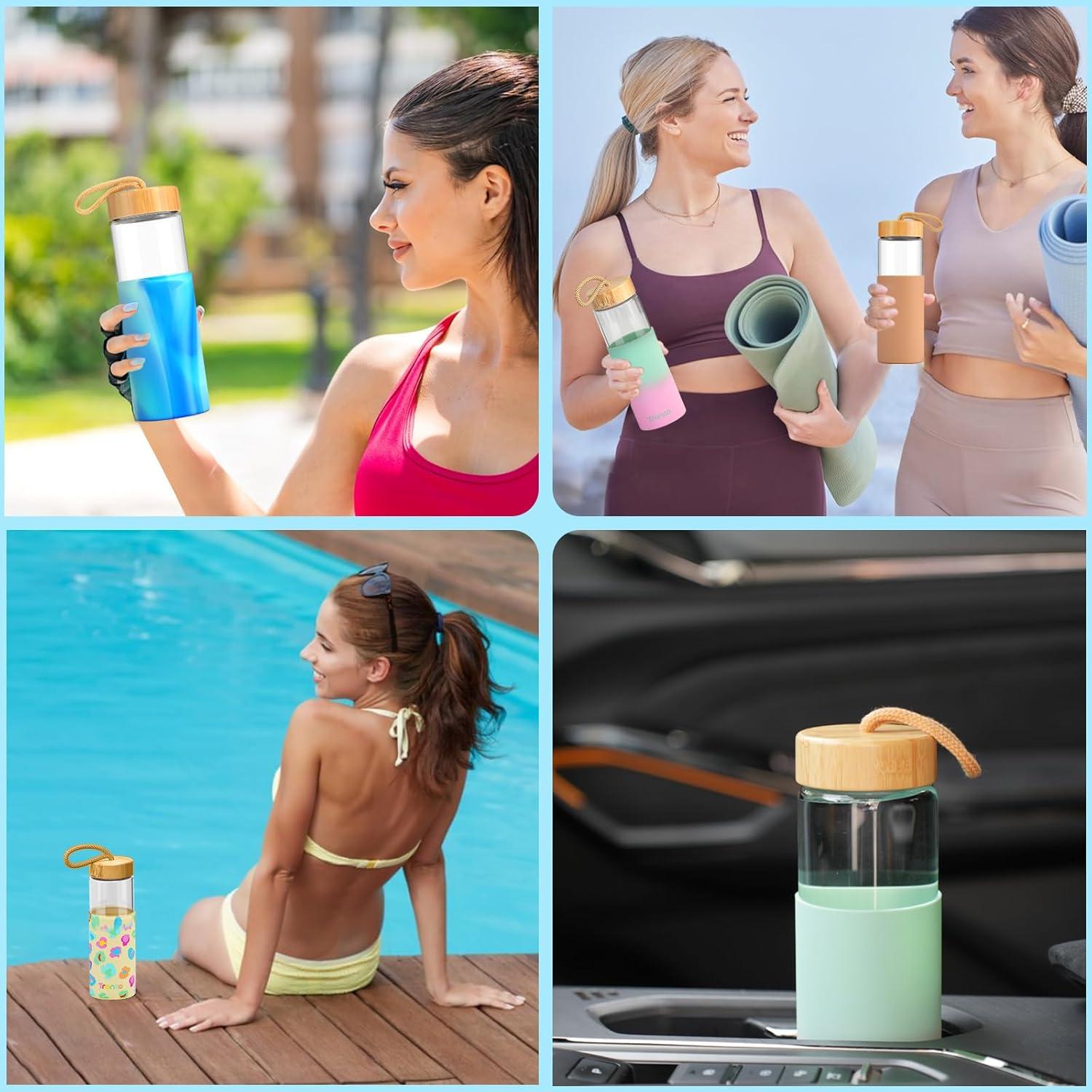 imageTronco 24oz Glass Water Bottles with Bamboo Lid ampamp Silicone Sleeve Leak Proof BPA Free Reusable Borosilicate Glass Bottles for Juicing Smoothies Juice ampamp Water for Men ampamp Women Gym Office TravelGreenpink