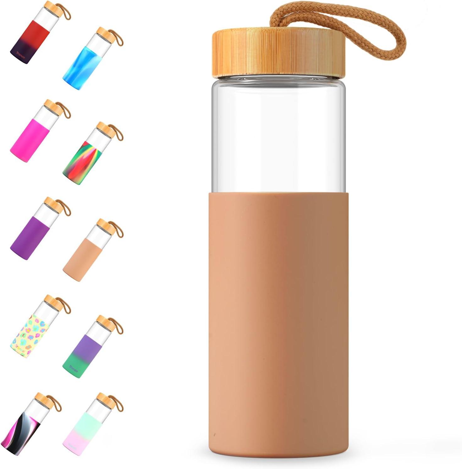 imageTronco 24oz Glass Water Bottles with Bamboo Lid ampamp Silicone Sleeve Leak Proof BPA Free Reusable Borosilicate Glass Bottles for Juicing Smoothies Juice ampamp Water for Men ampamp Women Gym Office TravelAmber