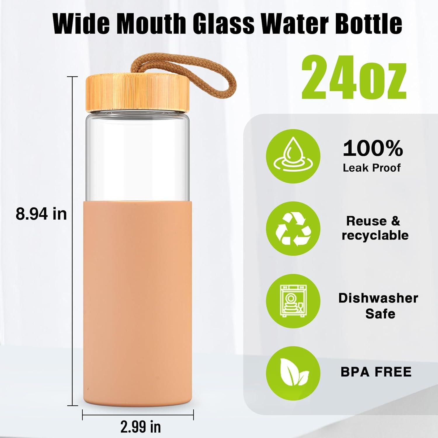imageTronco 24oz Glass Water Bottles with Bamboo Lid ampamp Silicone Sleeve Leak Proof BPA Free Reusable Borosilicate Glass Bottles for Juicing Smoothies Juice ampamp Water for Men ampamp Women Gym Office TravelAmber