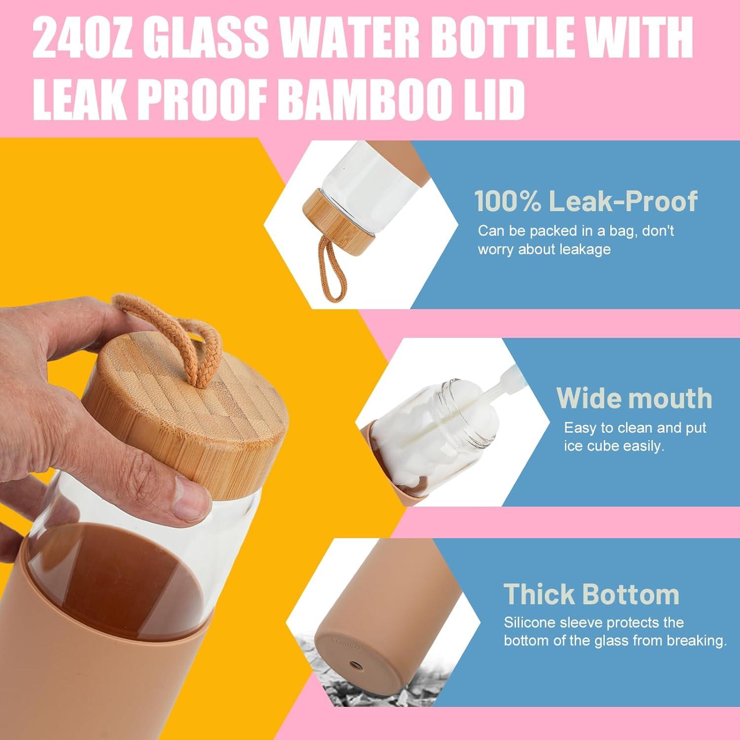 imageTronco 24oz Glass Water Bottles with Bamboo Lid ampamp Silicone Sleeve Leak Proof BPA Free Reusable Borosilicate Glass Bottles for Juicing Smoothies Juice ampamp Water for Men ampamp Women Gym Office TravelWhite pink