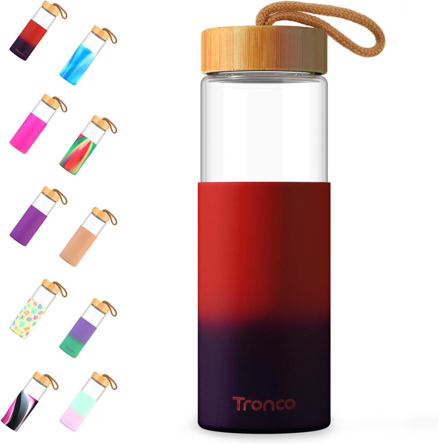 imageTronco 24oz Glass Water Bottles with Bamboo Lid ampamp Silicone Sleeve Leak Proof BPA Free Reusable Borosilicate Glass Bottles for Juicing Smoothies Juice ampamp Water for Men ampamp Women Gym Office TravelRedblue