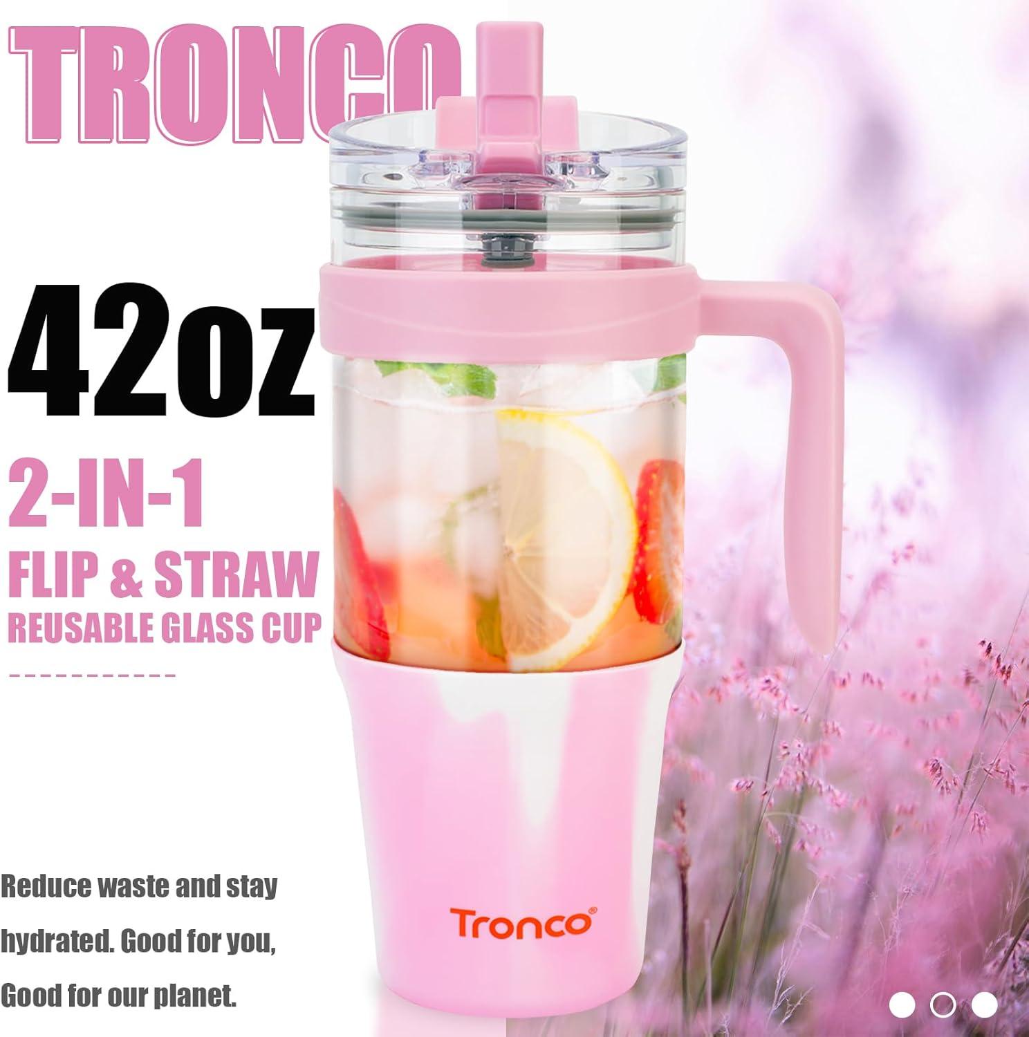 imageTronco 40 oz Glass Tumbler with Handle Bamboo Lid and Straw Fits Cup Holders Reusable Glass Water Bottles for Iced Coffee and Smoothie LeadFree BPAFreeMixedPink
