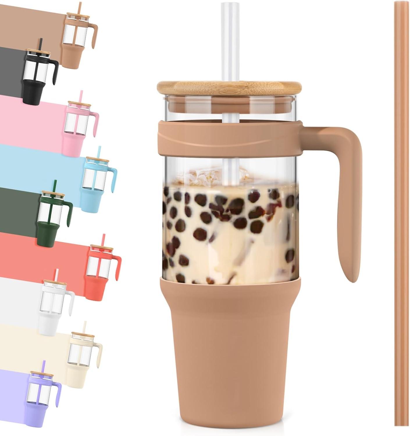 imageTronco 40 oz Glass Tumbler with Handle Bamboo Lid and Straw Fits Cup Holders Reusable Glass Water Bottles for Iced Coffee and Smoothie LeadFree BPAFreeKhakiBamboo