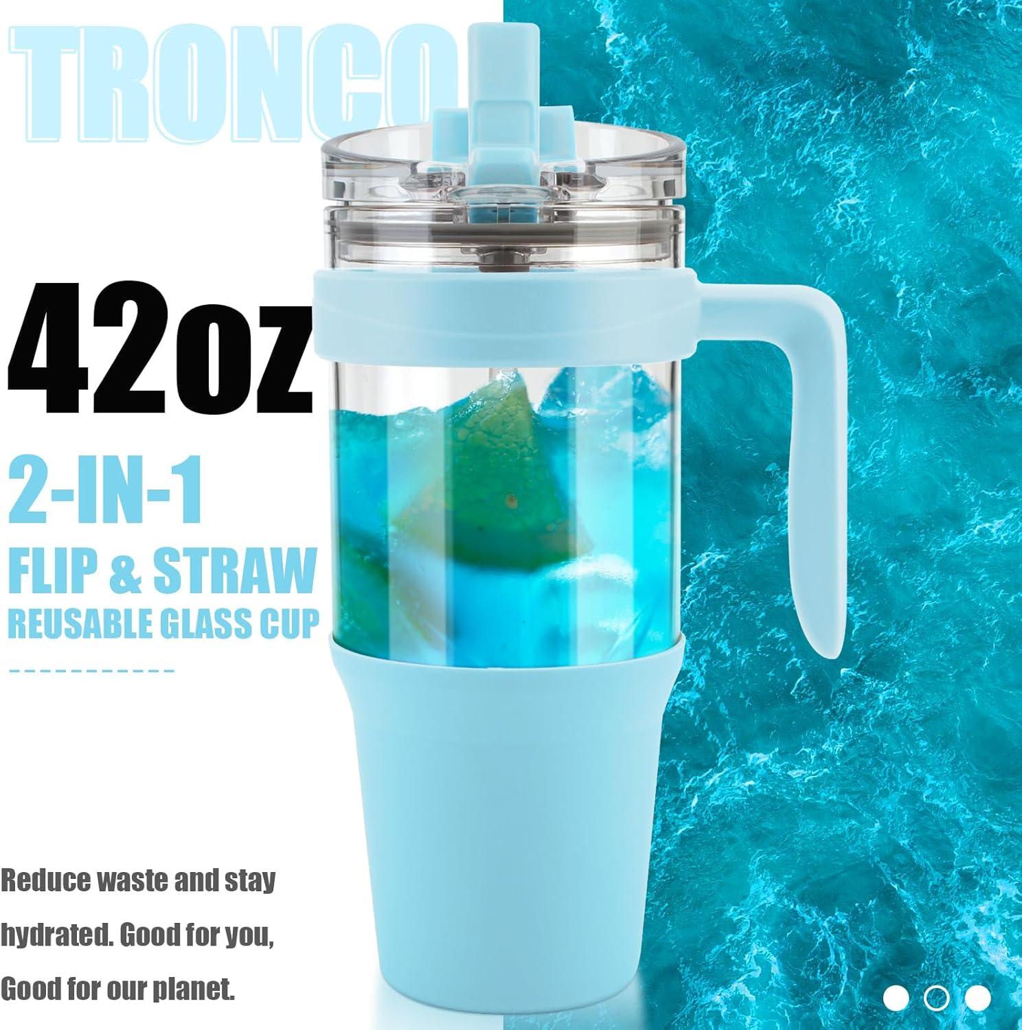 imageTronco 40 oz Glass Tumbler with Handle Bamboo Lid and Straw Fits Cup Holders Reusable Glass Water Bottles for Iced Coffee and Smoothie LeadFree BPAFreeskyblue