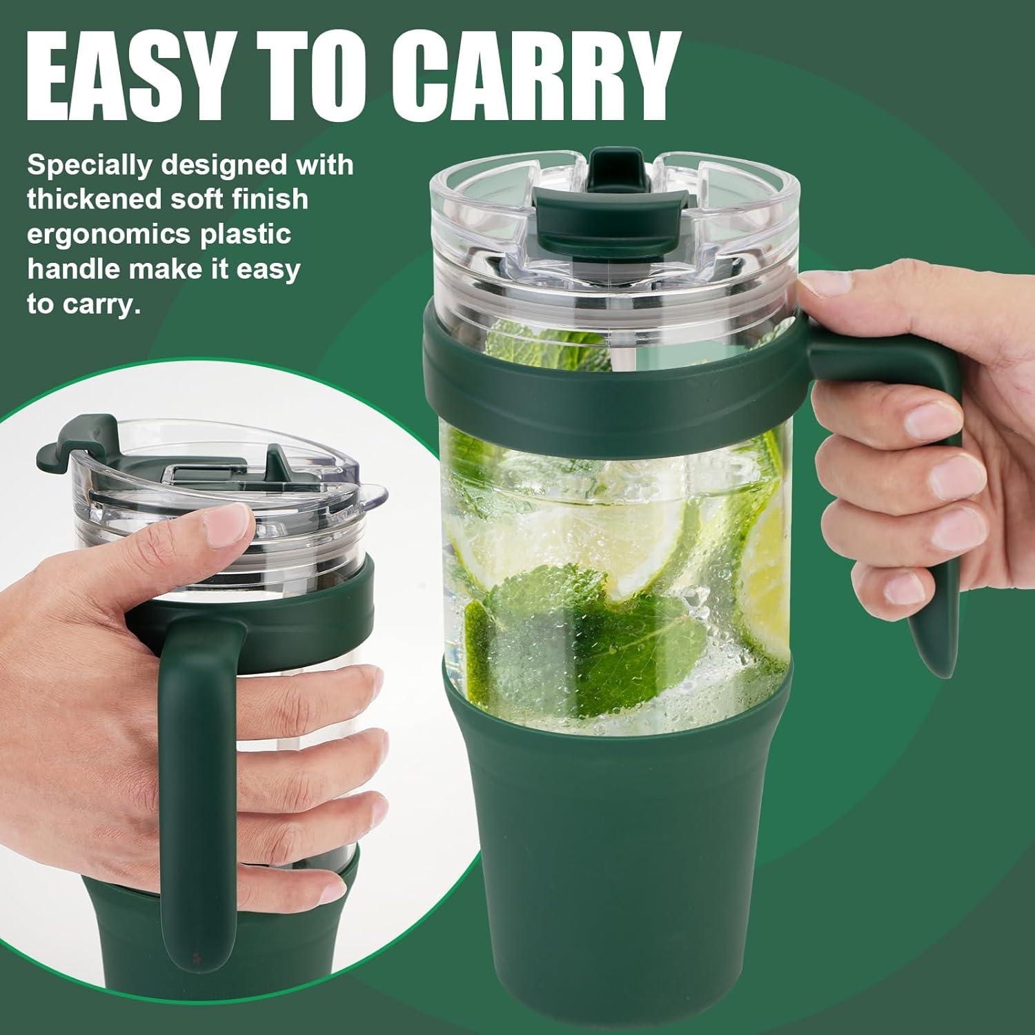 imageTronco 40 oz Glass Tumbler with Handle Bamboo Lid and Straw Fits Cup Holders Reusable Glass Water Bottles for Iced Coffee and Smoothie LeadFree BPAFreeMixedLight Green