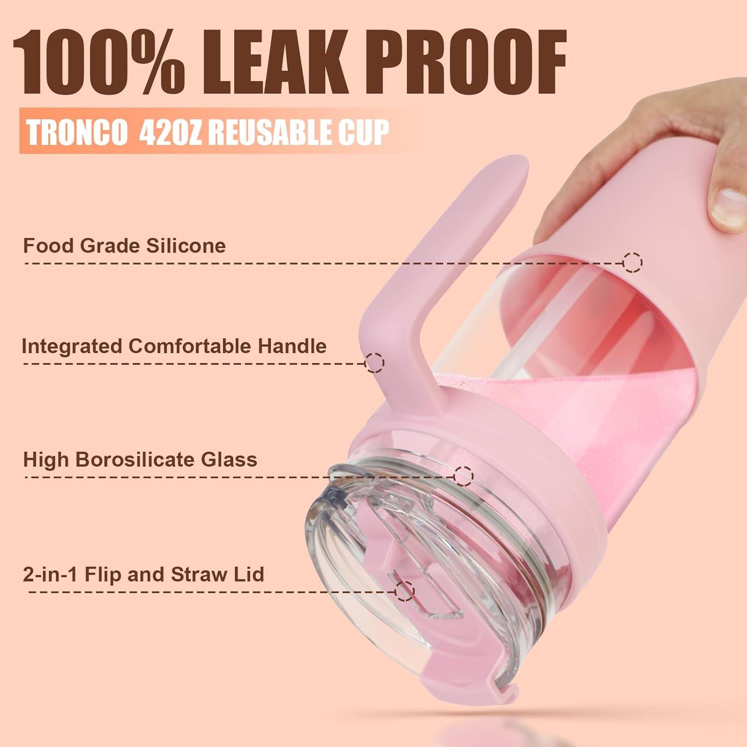 imageTronco 40 oz Glass Tumbler with Handle Bamboo Lid and Straw Fits Cup Holders Reusable Glass Water Bottles for Iced Coffee and Smoothie LeadFree BPAFreePink